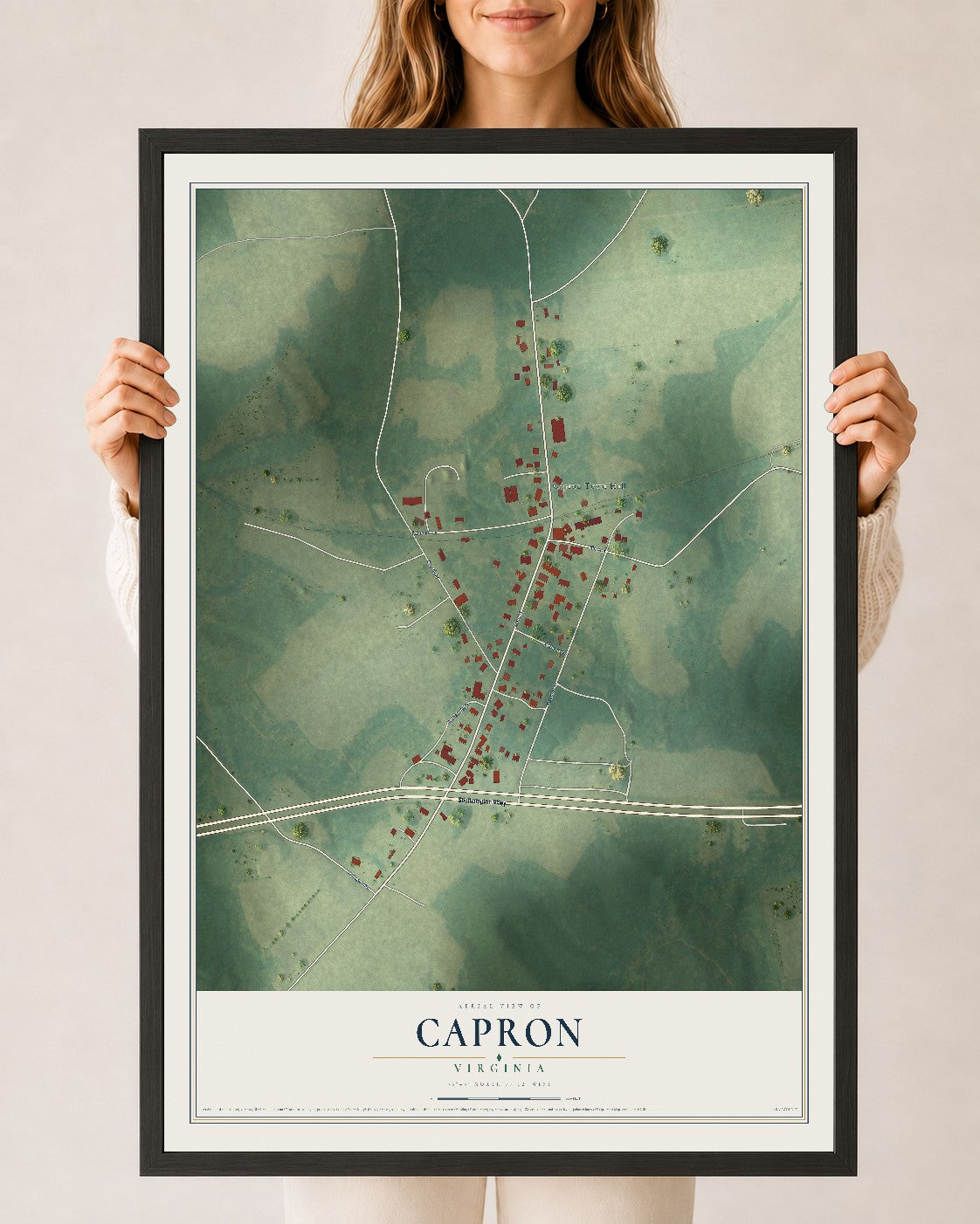 Map of Capron, Virginia, 24 x 36 inch print in a black wood frame