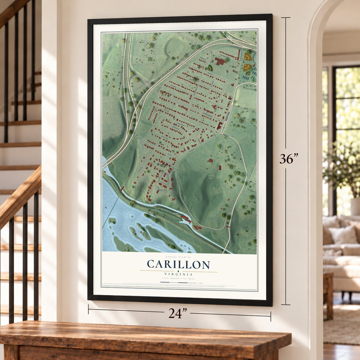 Carillon, Virginia map, 24 x 36 inch print in a black frame by a staircase