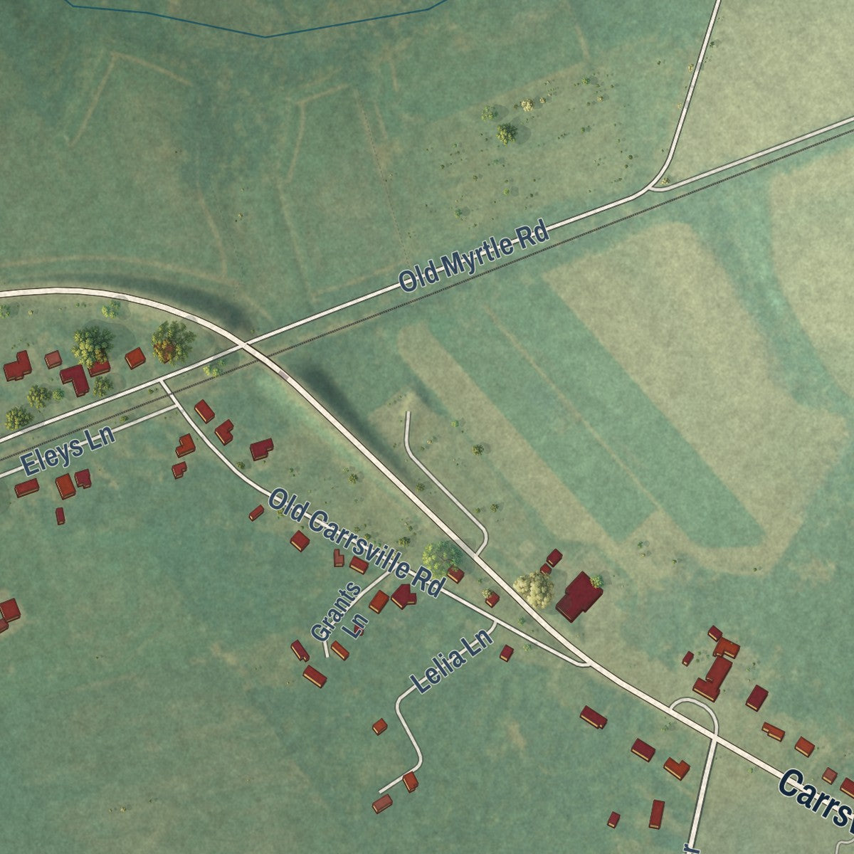Close-up of the map of Carrsville, Virginia print showing street and building detail
