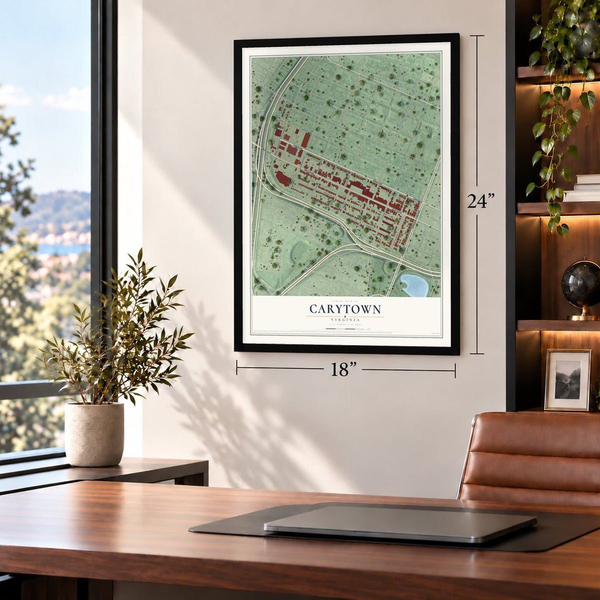 Carytown, Virginia map, 18 x 24 inch print in a black frame in a home office