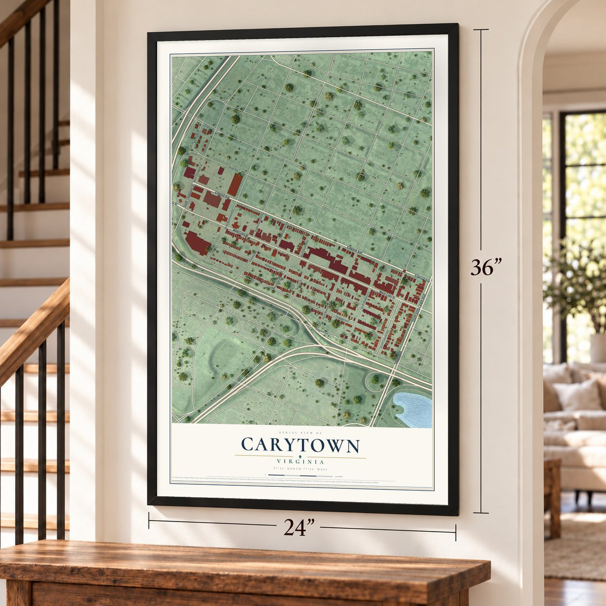 Carytown, Virginia map, 24 x 36 inch print in a black frame by a staircase