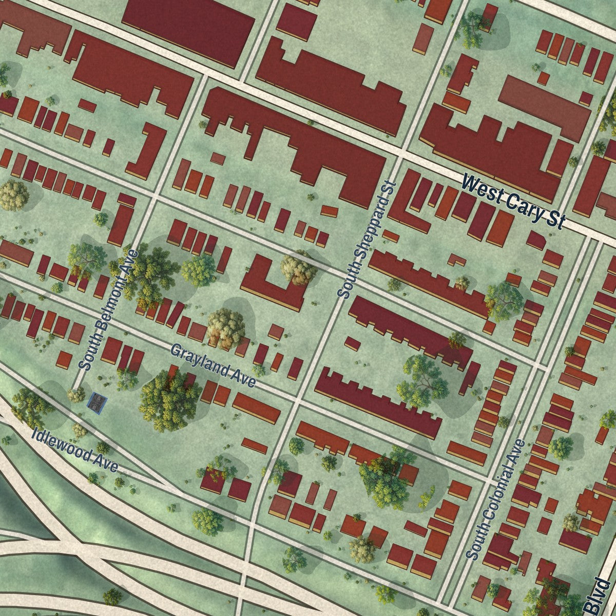 Close-up of the map of Carytown, Virginia print showing street and building detail