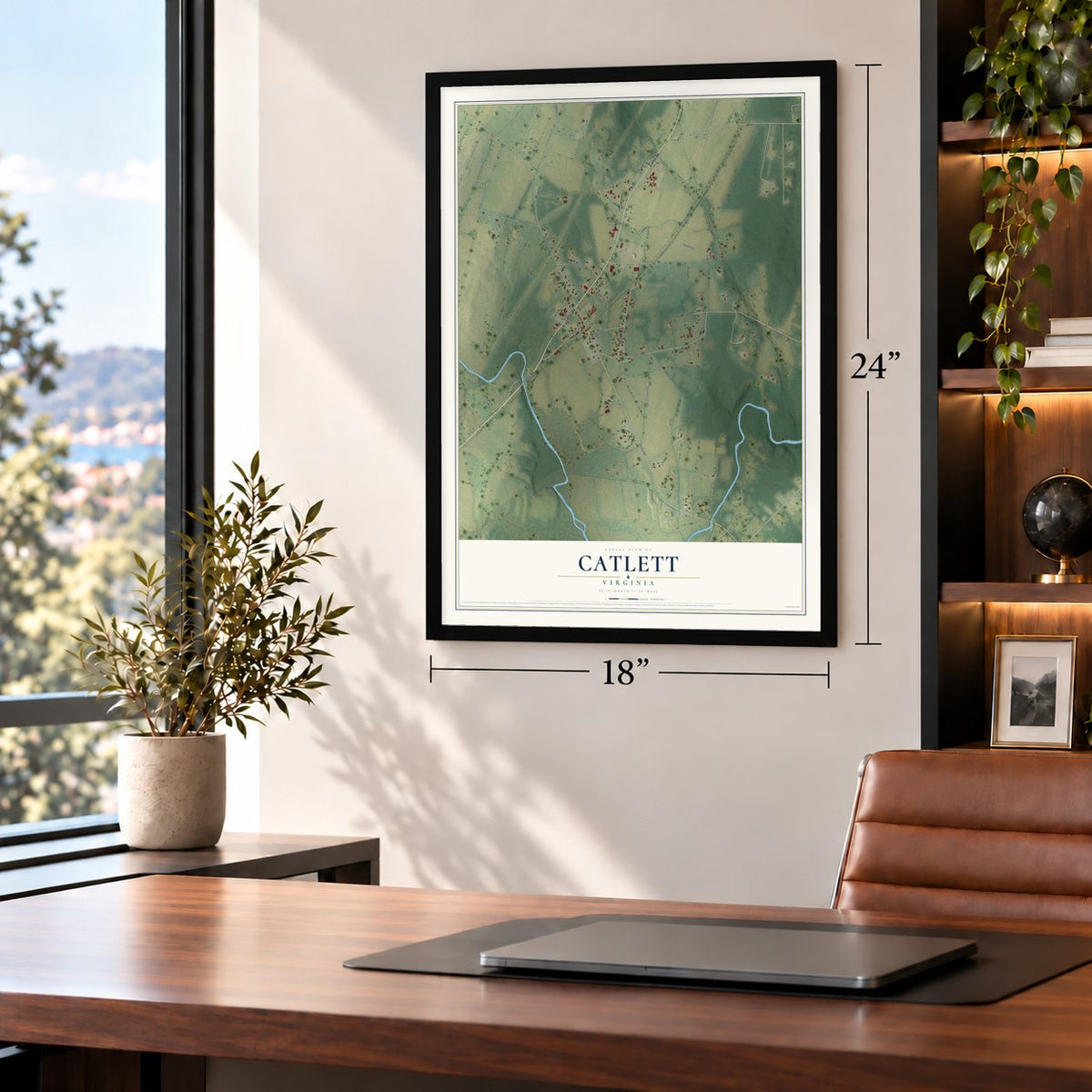 Catlett, Virginia map, 18 x 24 inch print in a black frame in a home office