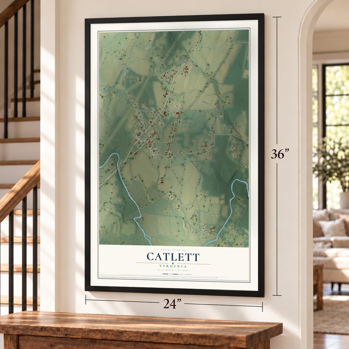 Catlett, Virginia map, 24 x 36 inch print in a black frame by a staircase