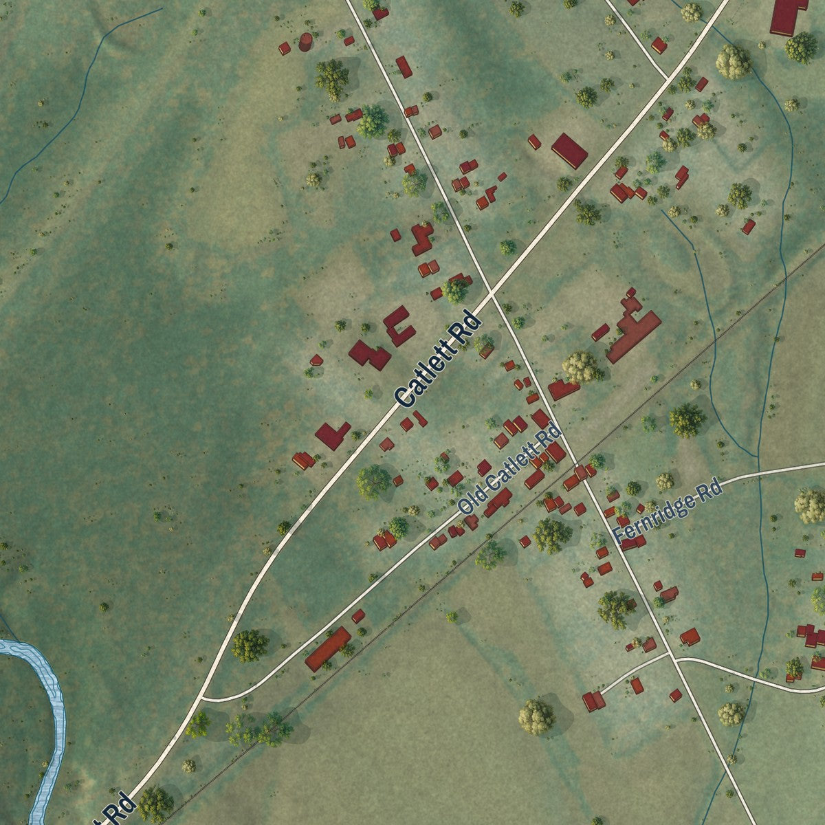 Close-up of the map of Catlett, Virginia print showing street and building detail
