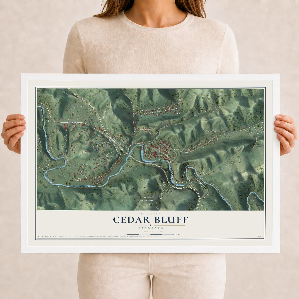 Map of Cedar Bluff, Virginia, 12 x 18 inch print in a white wood frame