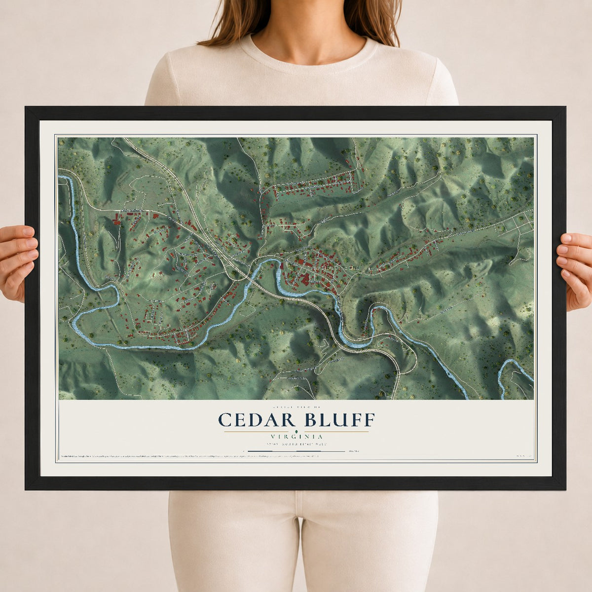 Map of Cedar Bluff, Virginia, 18 x 24 inch print in a black wood frame