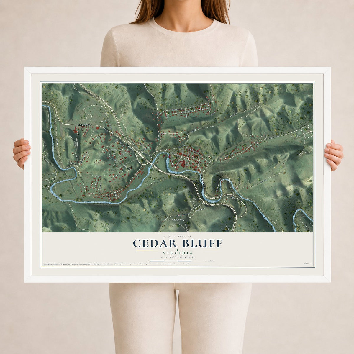 Map of Cedar Bluff, Virginia, 24 x 36 inch print in a white wood frame