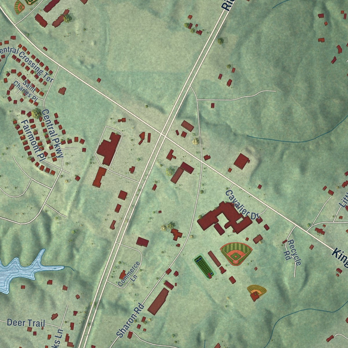 Close-up of the map of Central Garage, Virginia print showing street and building detail