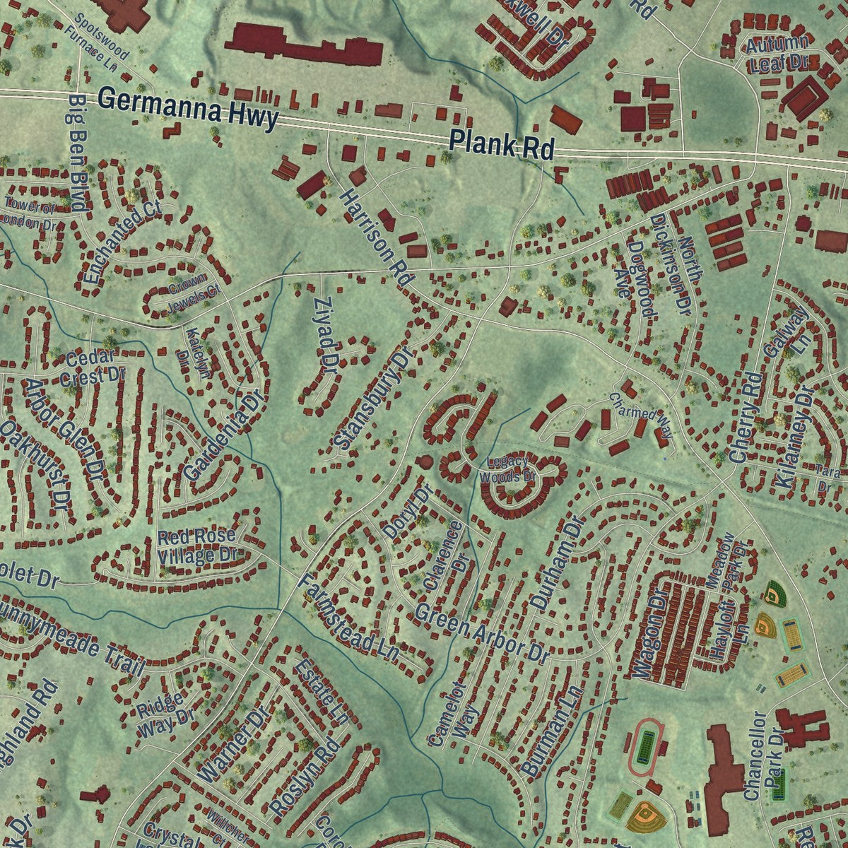 Close-up of the map of Chancellor, Virginia print showing street and building detail