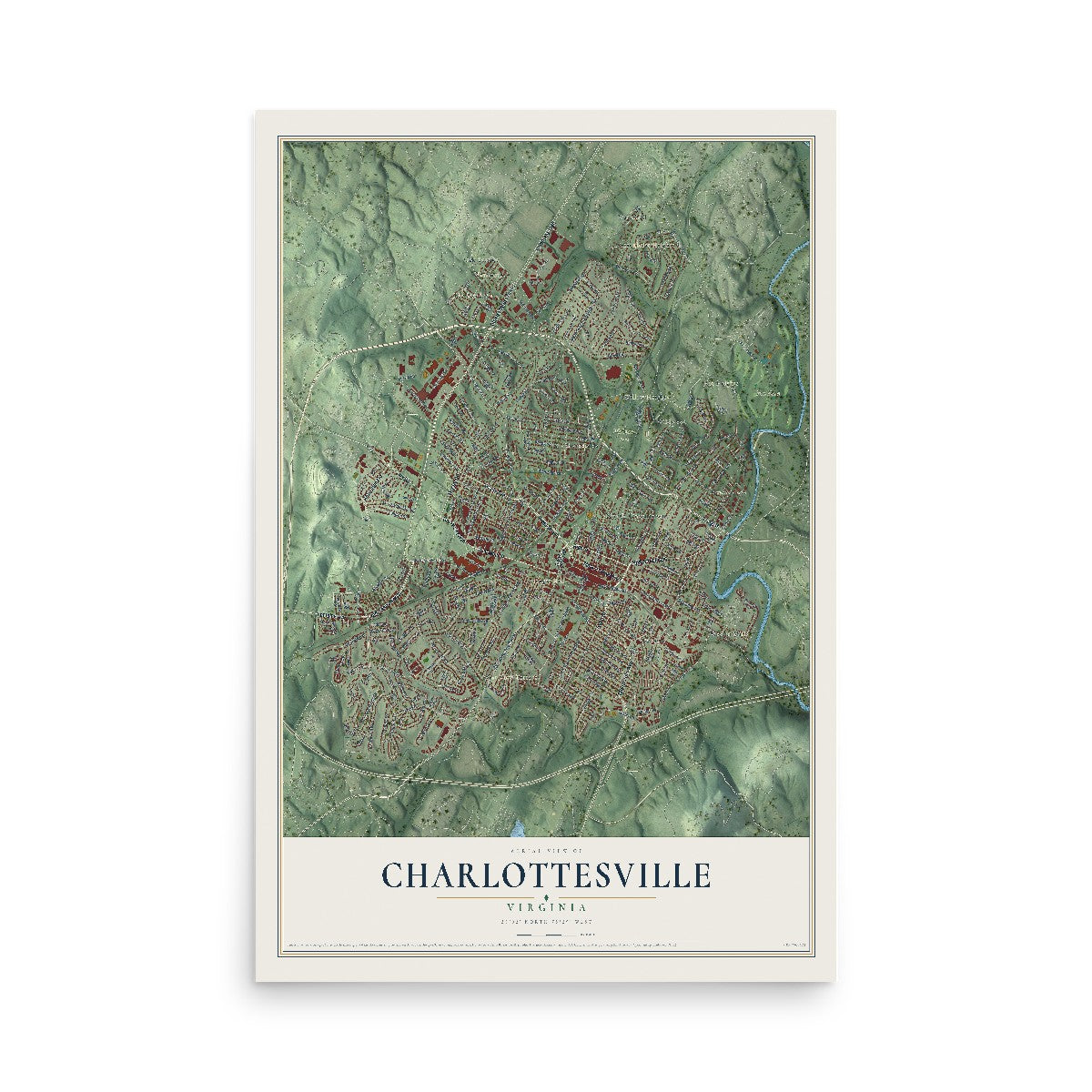 Map of Charlottesville, Virginia, 12 x 18 inch unframed archival matte print