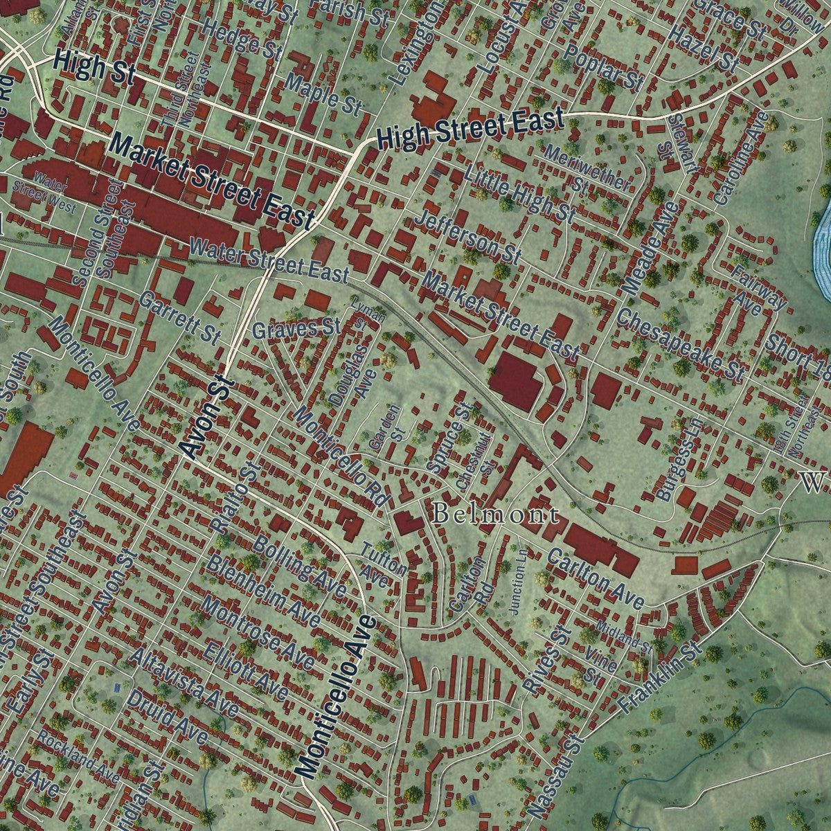 Close-up of the map of Charlottesville, Virginia print showing street and building detail