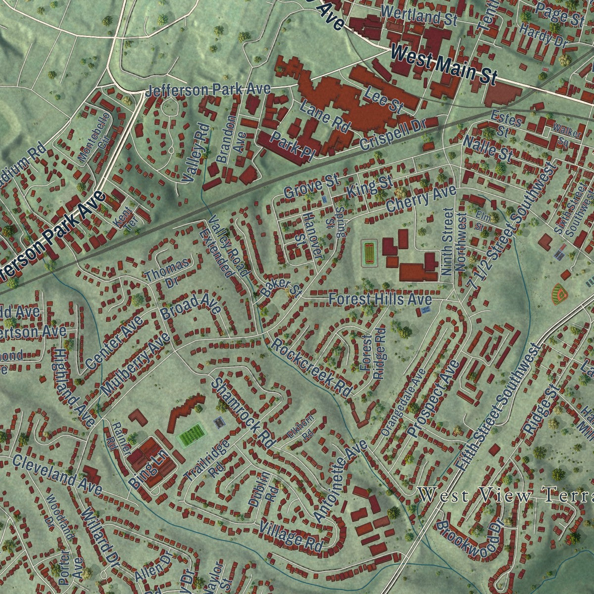 Second close-up of the map of Charlottesville, Virginia print showing more streets and buildings
