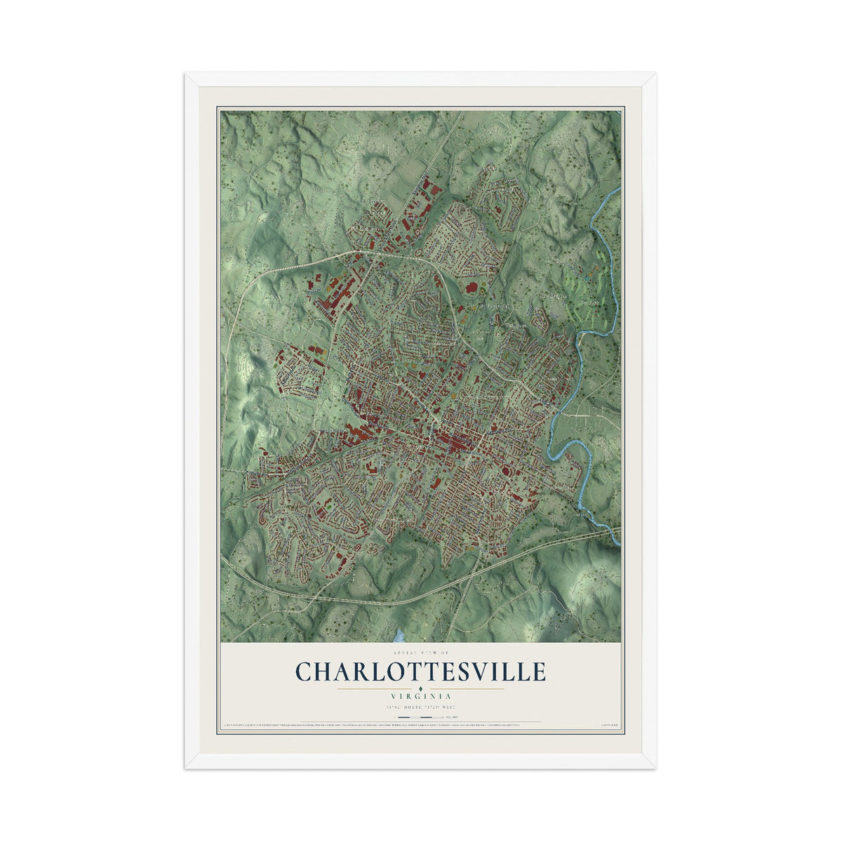 Map of Charlottesville, Virginia, 12 x 18 inch print in a white wood frame
