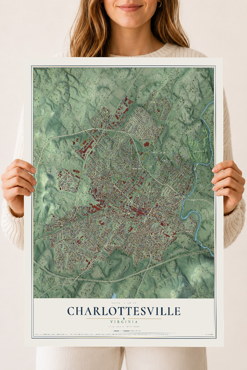 Map of Charlottesville, Virginia, 18 x 24 inch unframed archival matte print