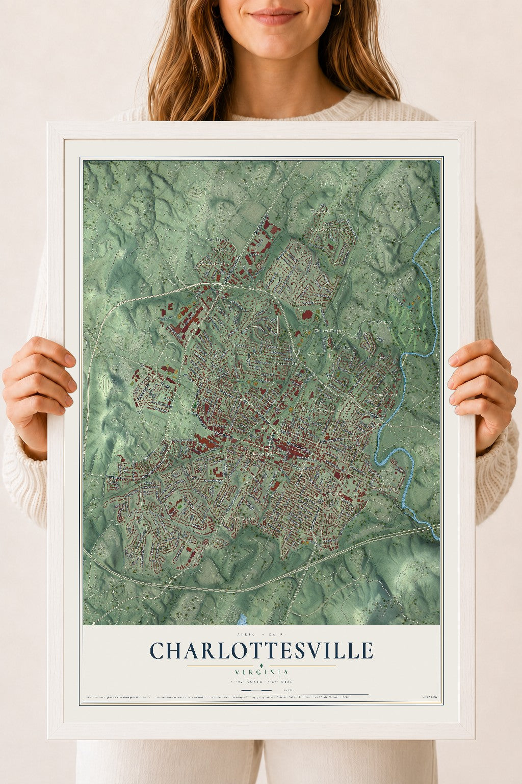 Map of Charlottesville, Virginia, 18 x 24 inch print in a white wood frame