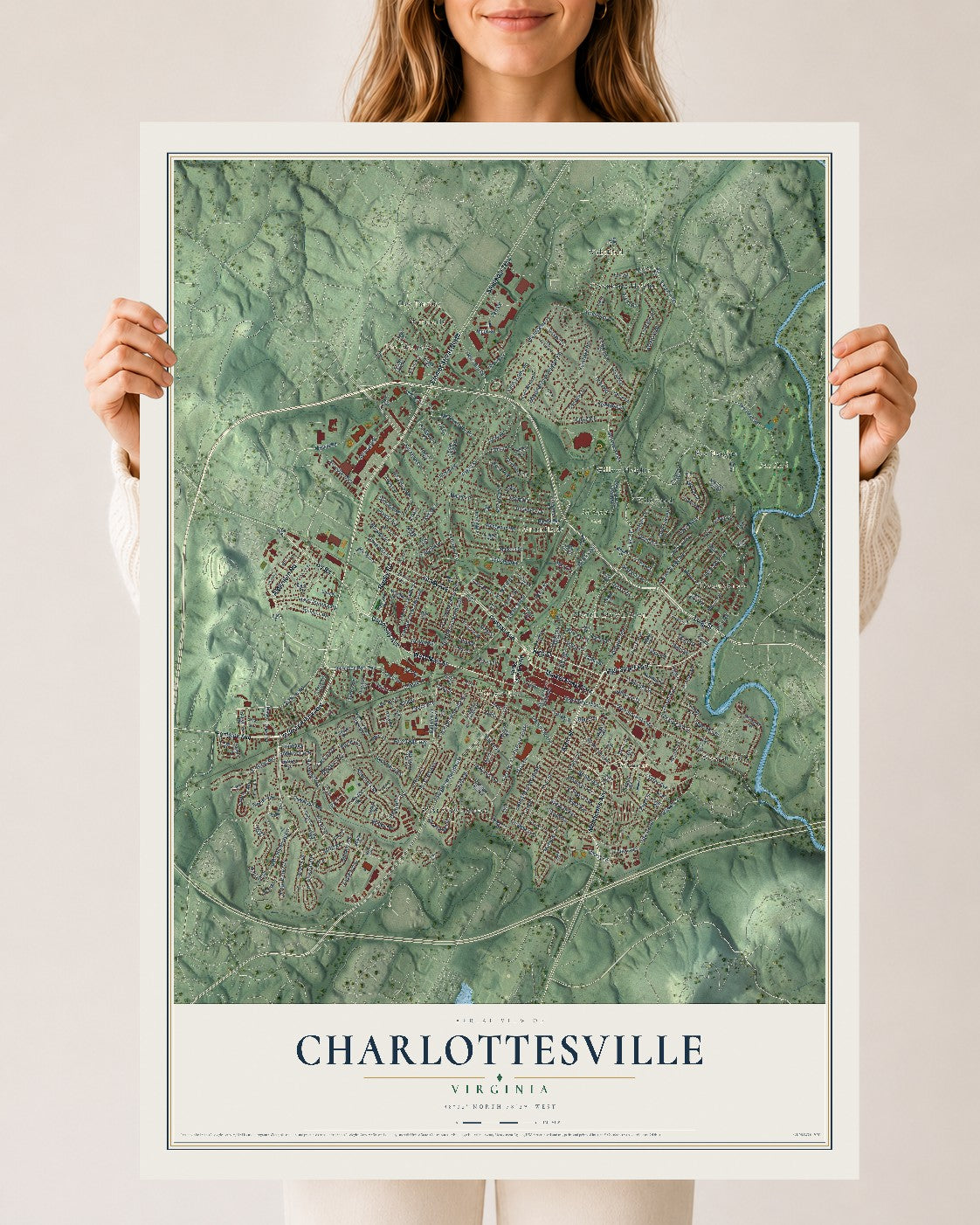 Map of Charlottesville, Virginia, 24 x 36 inch unframed archival matte print