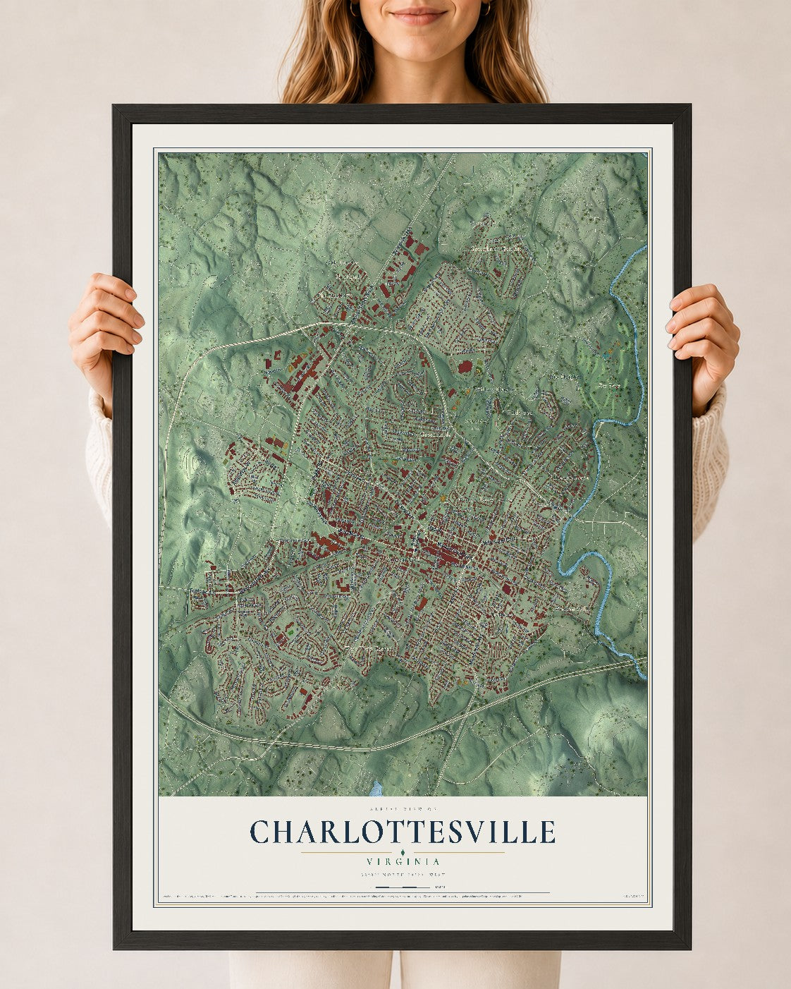 Map of Charlottesville, Virginia, 24 x 36 inch print in a black wood frame