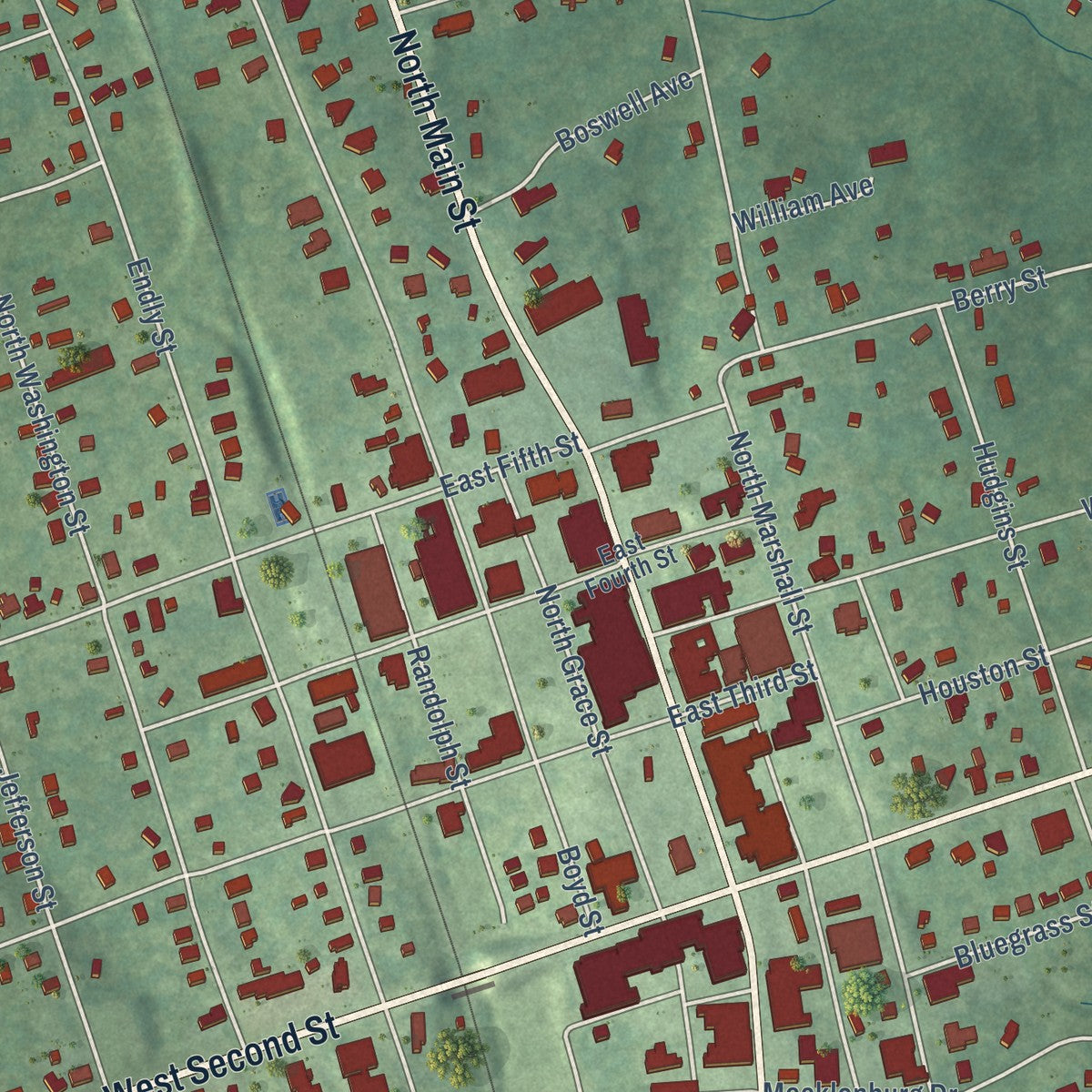 Close-up of the map of Chase City, Virginia print showing street and building detail