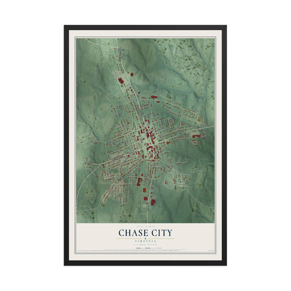 Map of Chase City, Virginia, 12 x 18 inch print in a black wood frame