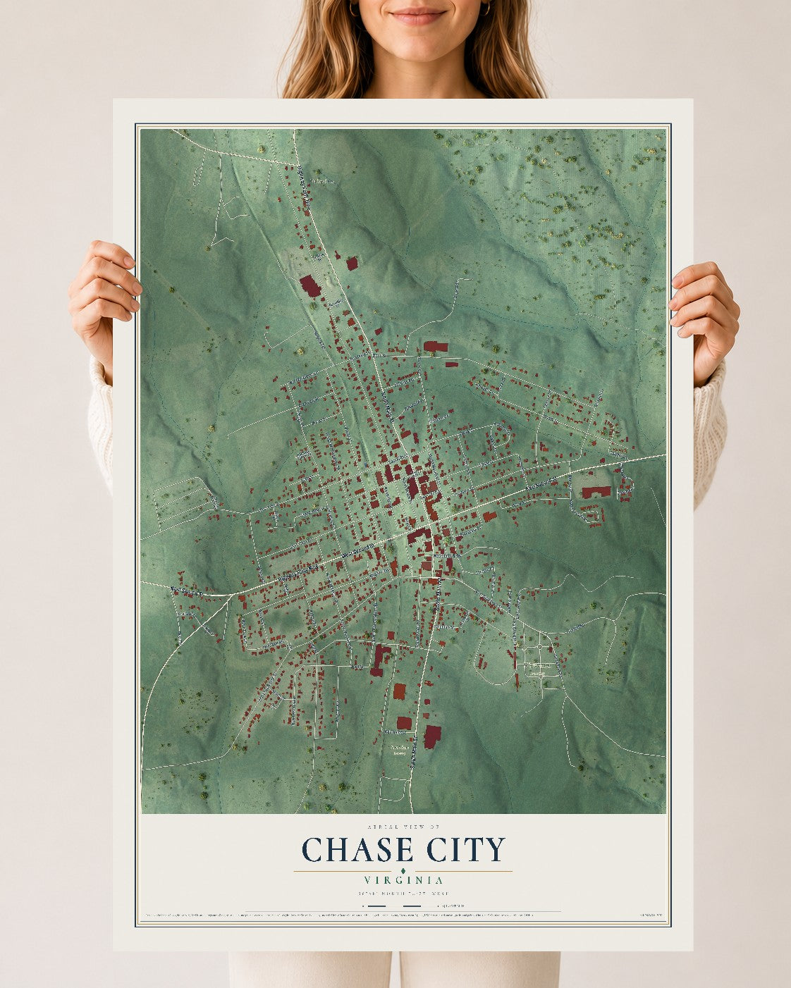 Map of Chase City, Virginia, 24 x 36 inch unframed archival matte print