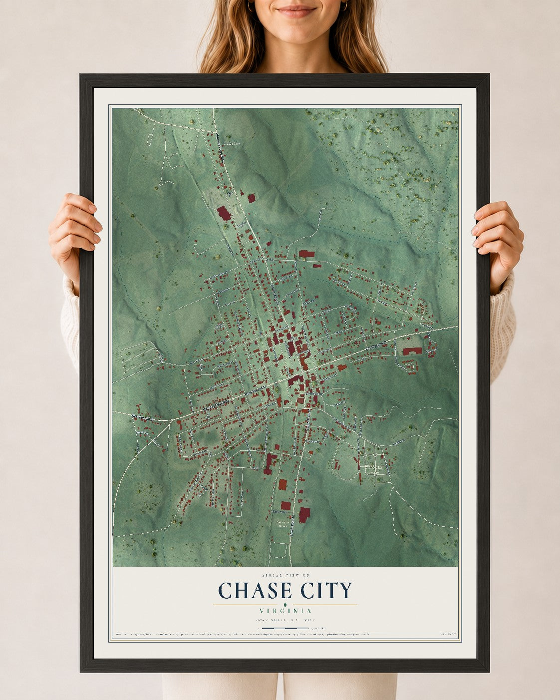 Map of Chase City, Virginia, 24 x 36 inch print in a black wood frame