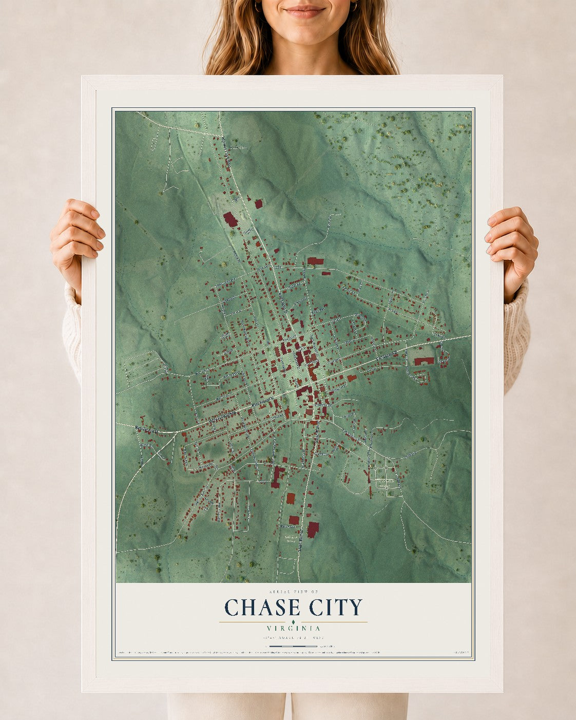 Map of Chase City, Virginia, 24 x 36 inch print in a white wood frame