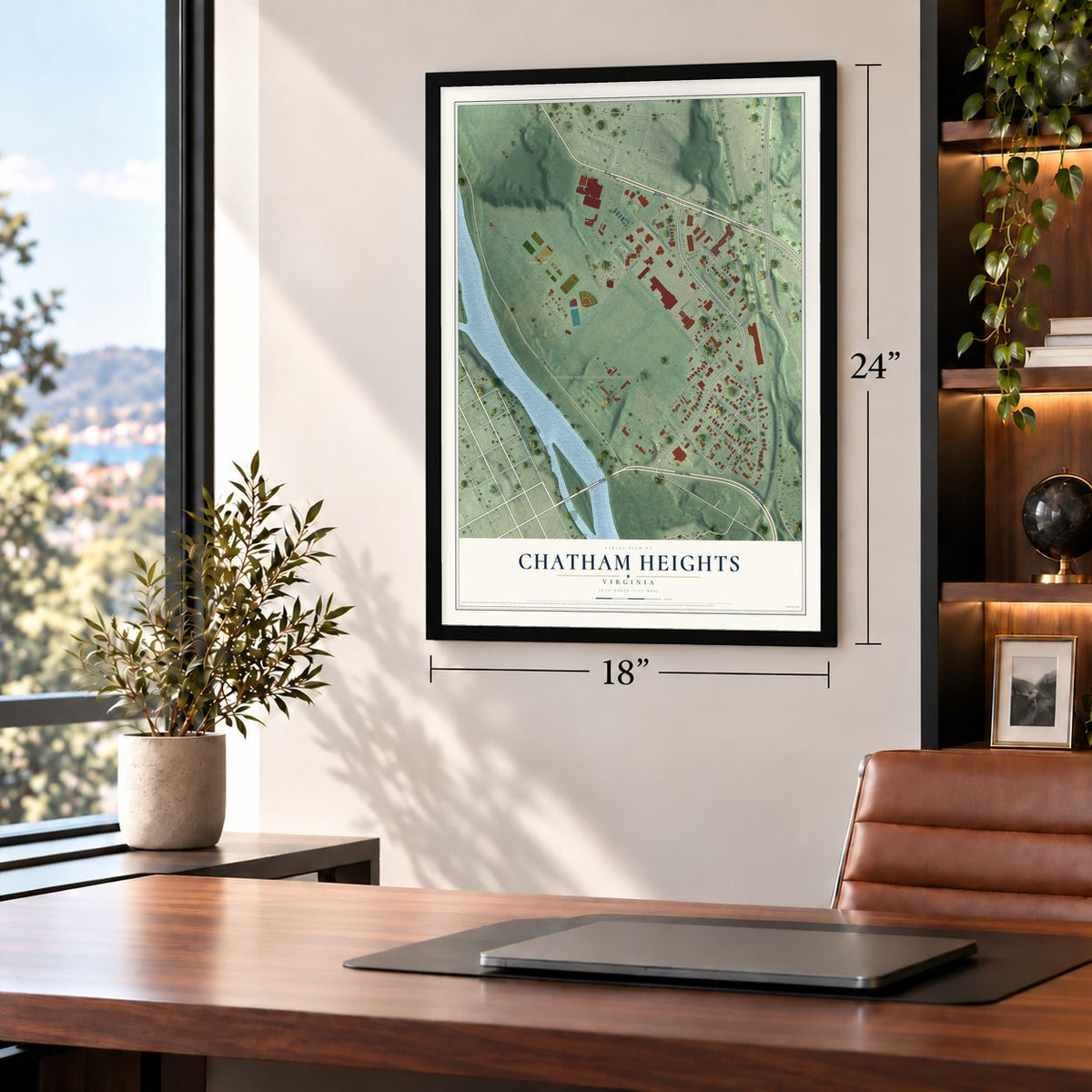 Chatham Heights, Virginia map, 18 x 24 inch print in a black frame in a home office