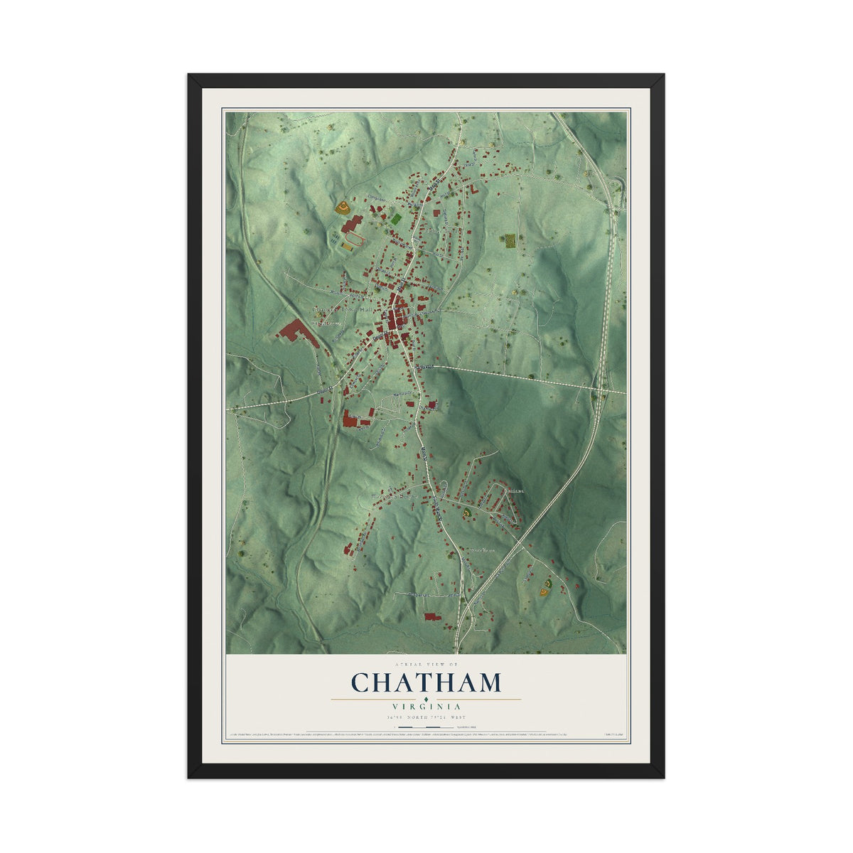Map of Chatham, Virginia, 12 x 18 inch print in a black wood frame