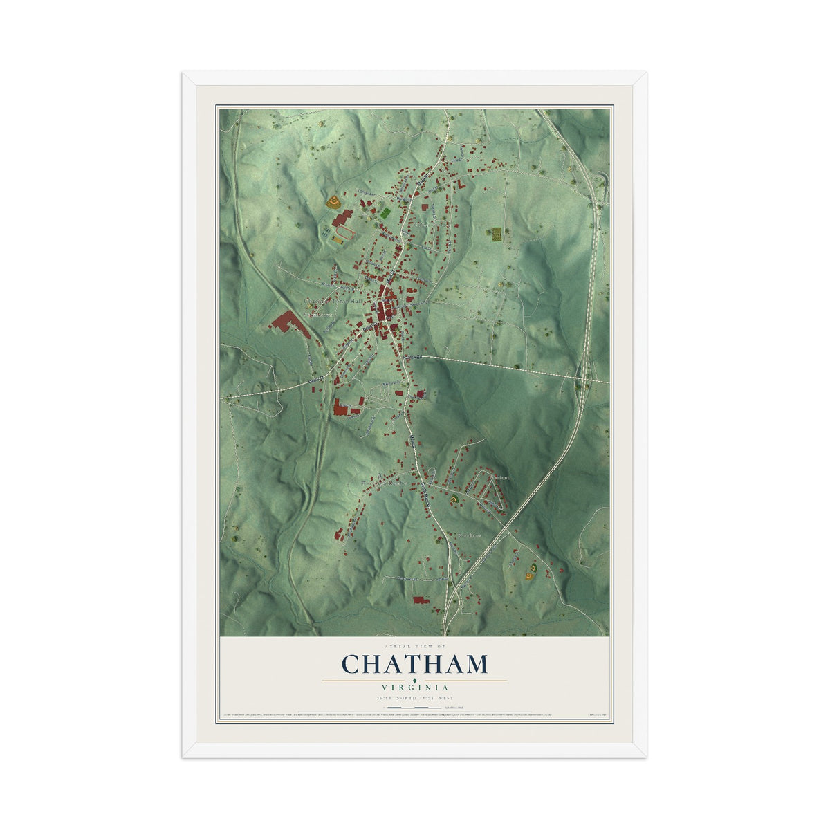 Map of Chatham, Virginia, 12 x 18 inch print in a white wood frame