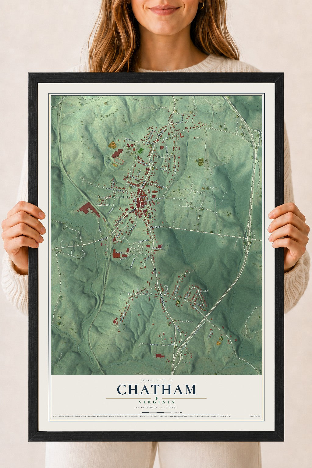 Map of Chatham, Virginia, 18 x 24 inch print in a black wood frame