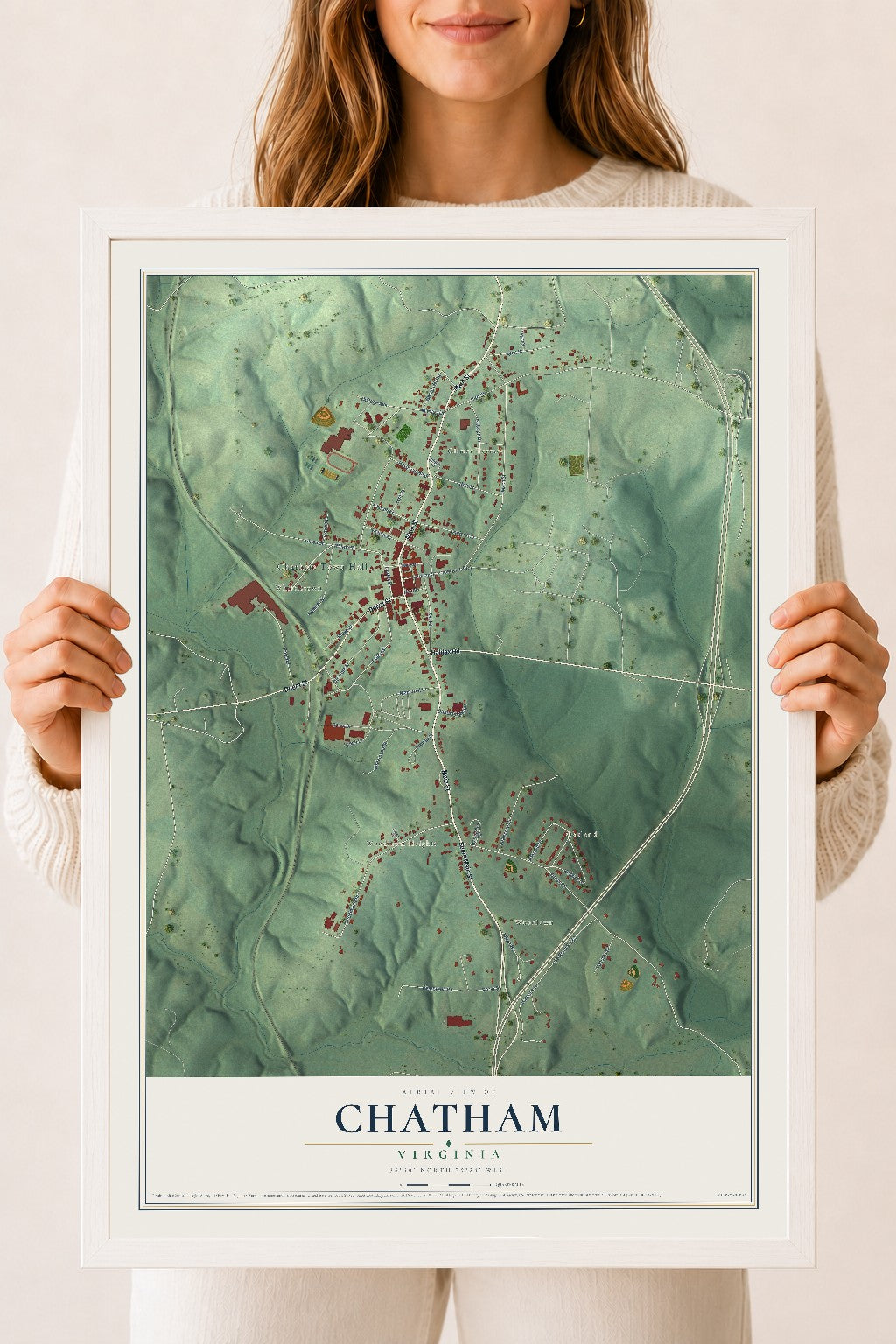 Map of Chatham, Virginia, 18 x 24 inch print in a white wood frame