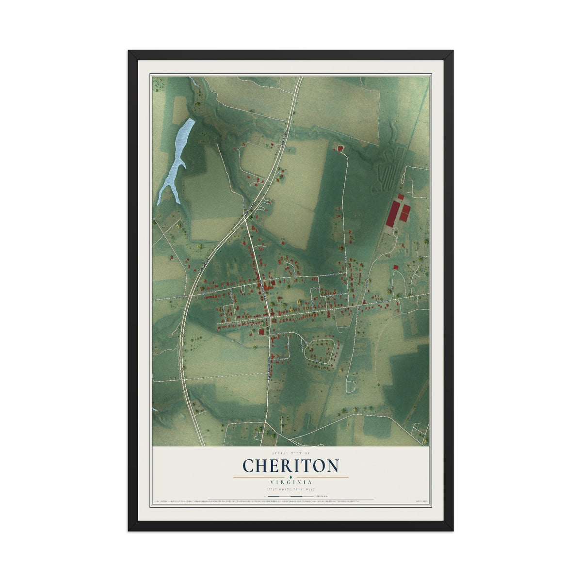 Map of Cheriton, Virginia, 12 x 18 inch print in a black wood frame