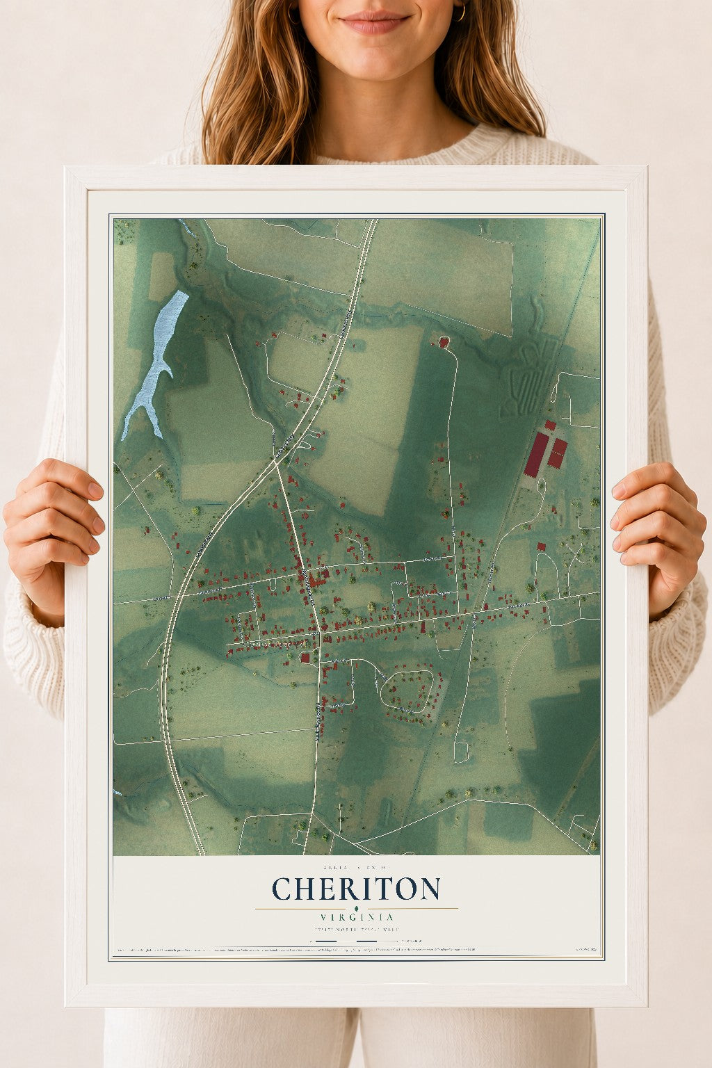Map of Cheriton, Virginia, 18 x 24 inch print in a white wood frame