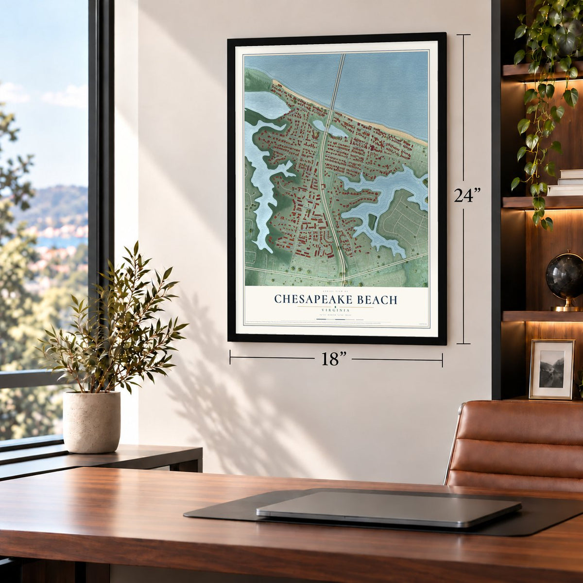 Chesapeake Beach, Virginia map, 18 x 24 inch print in a black frame in a home office