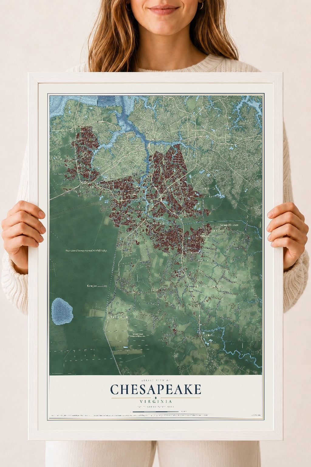 Map of Chesapeake, Virginia, 18 x 24 inch print in a white wood frame