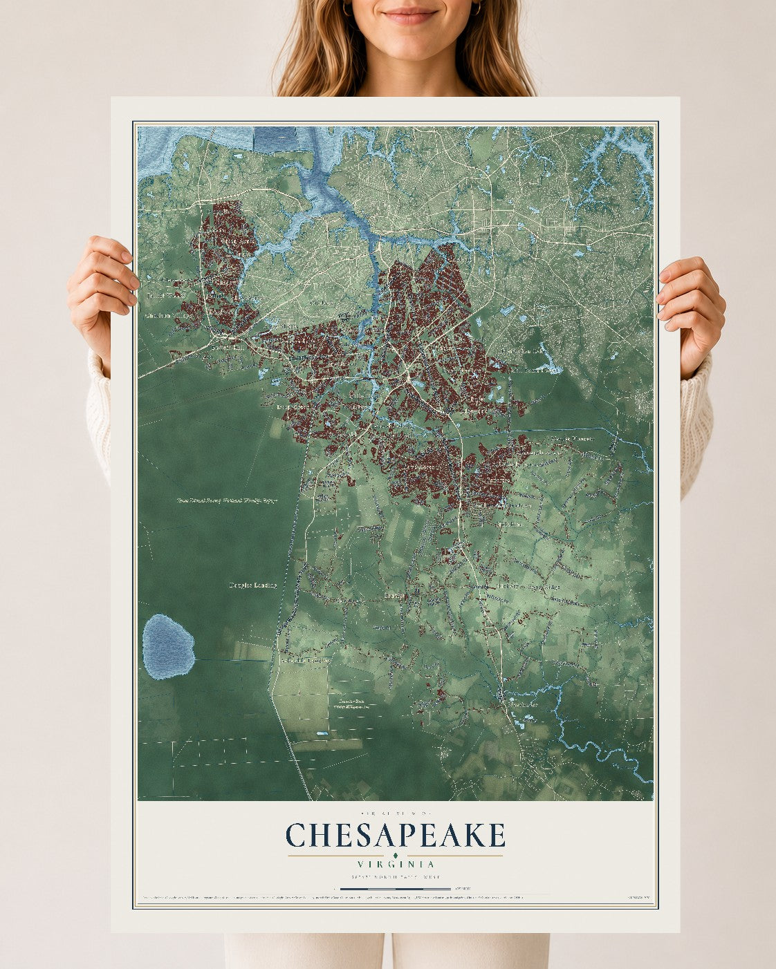 Map of Chesapeake, Virginia, 24 x 36 inch unframed archival matte print