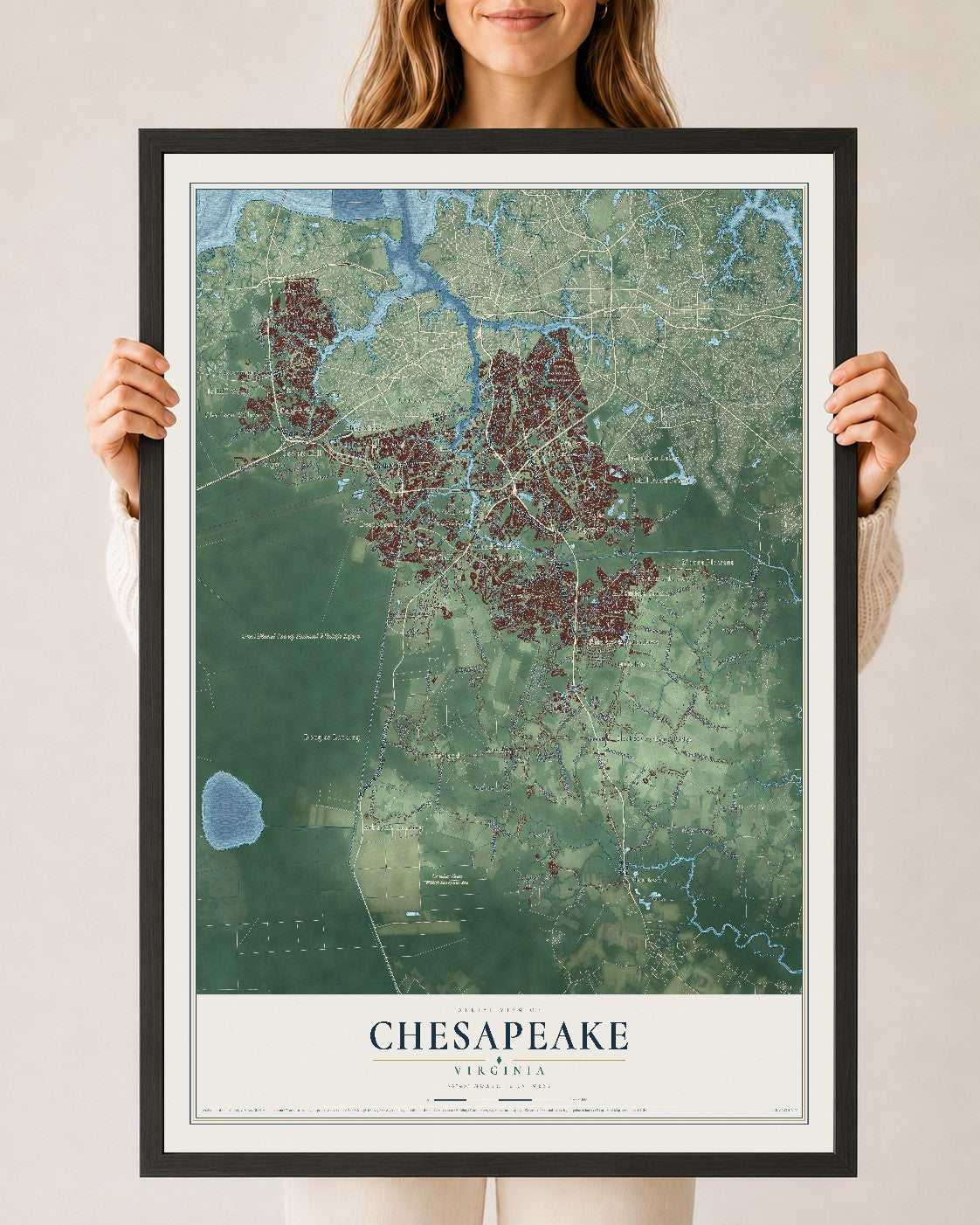 Map of Chesapeake, Virginia, 24 x 36 inch print in a black wood frame