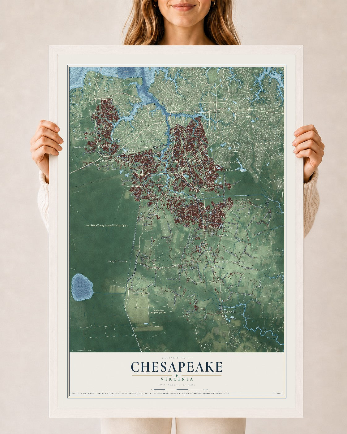 Map of Chesapeake, Virginia, 24 x 36 inch print in a white wood frame