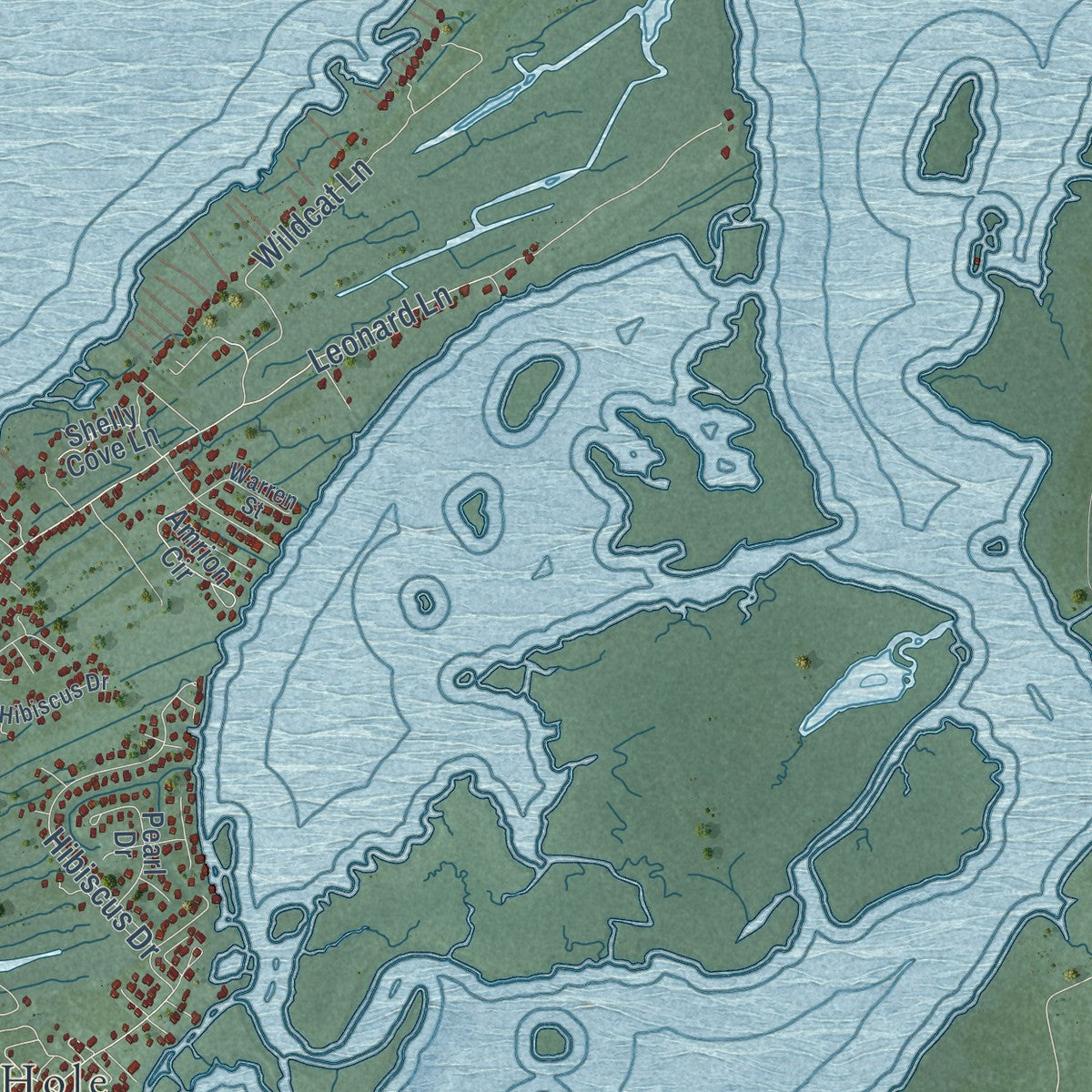 Second close-up of the map of Chincoteague, Virginia print showing more streets and buildings