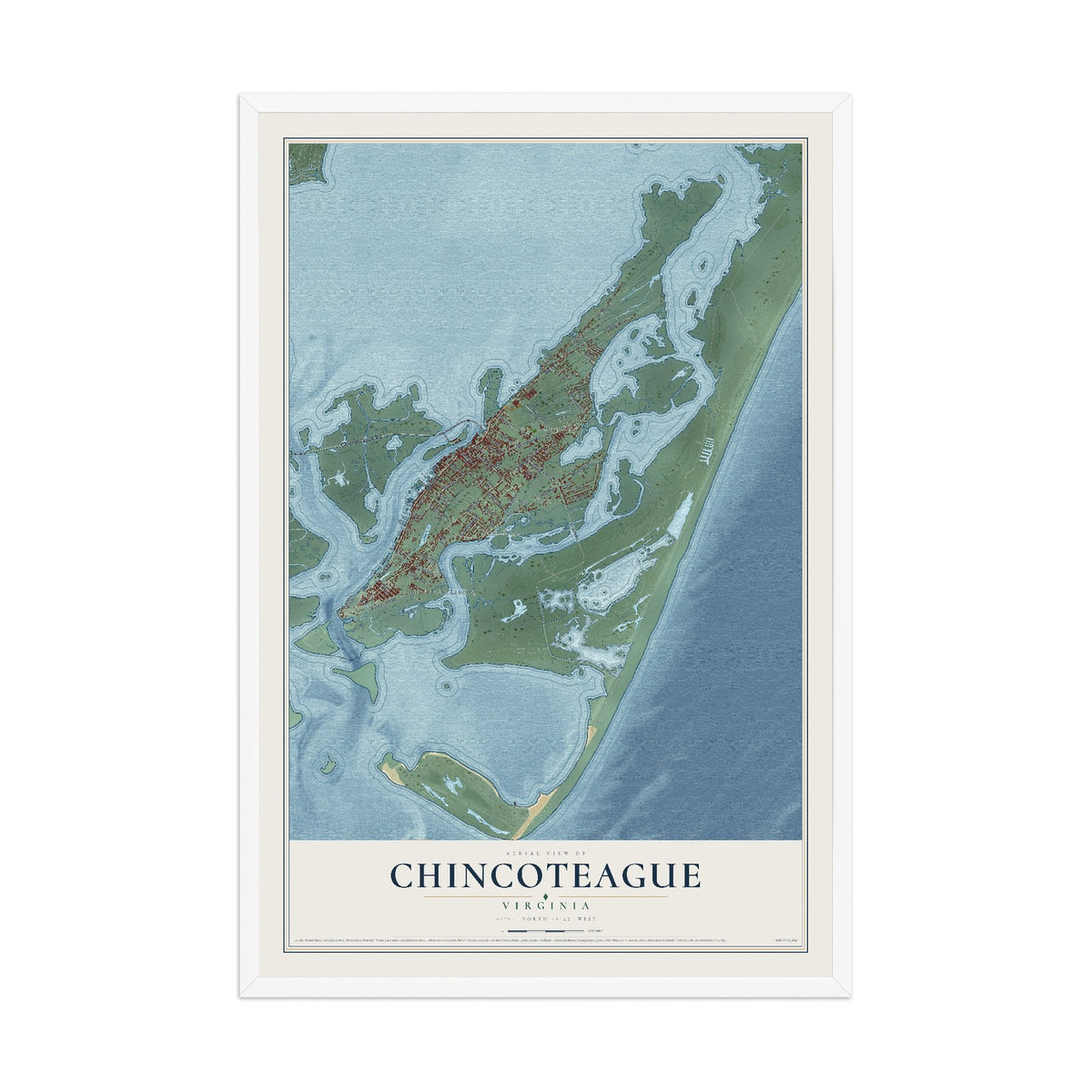 Map of Chincoteague, Virginia, 12 x 18 inch print in a white wood frame