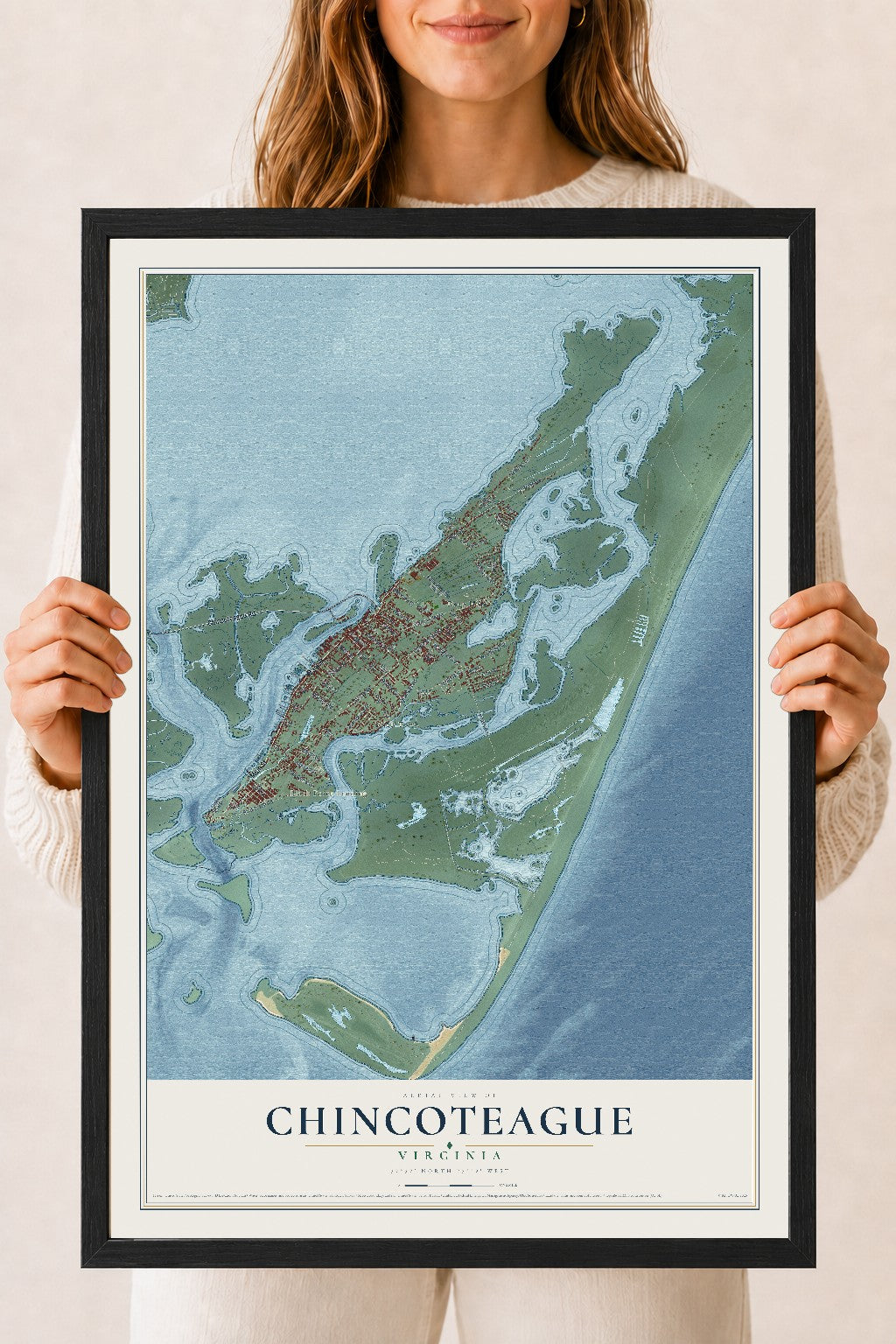 Map of Chincoteague, Virginia, 18 x 24 inch print in a black wood frame