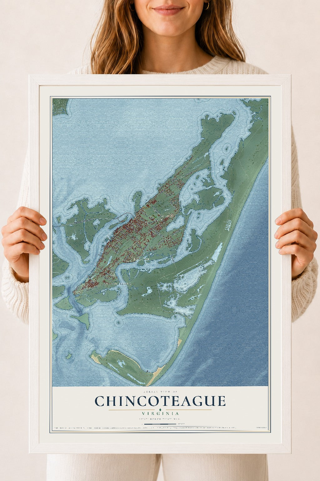 Map of Chincoteague, Virginia, 18 x 24 inch print in a white wood frame