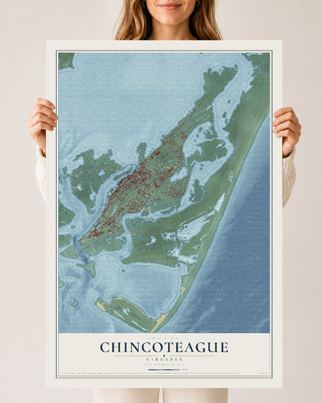 Map of Chincoteague, Virginia, 24 x 36 inch unframed archival matte print