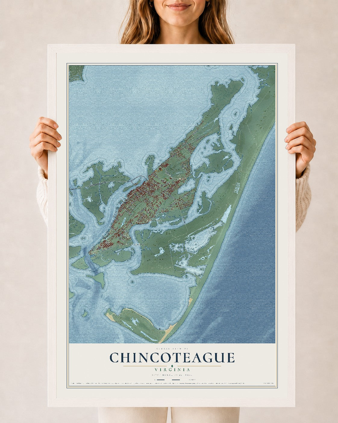 Map of Chincoteague, Virginia, 24 x 36 inch print in a white wood frame