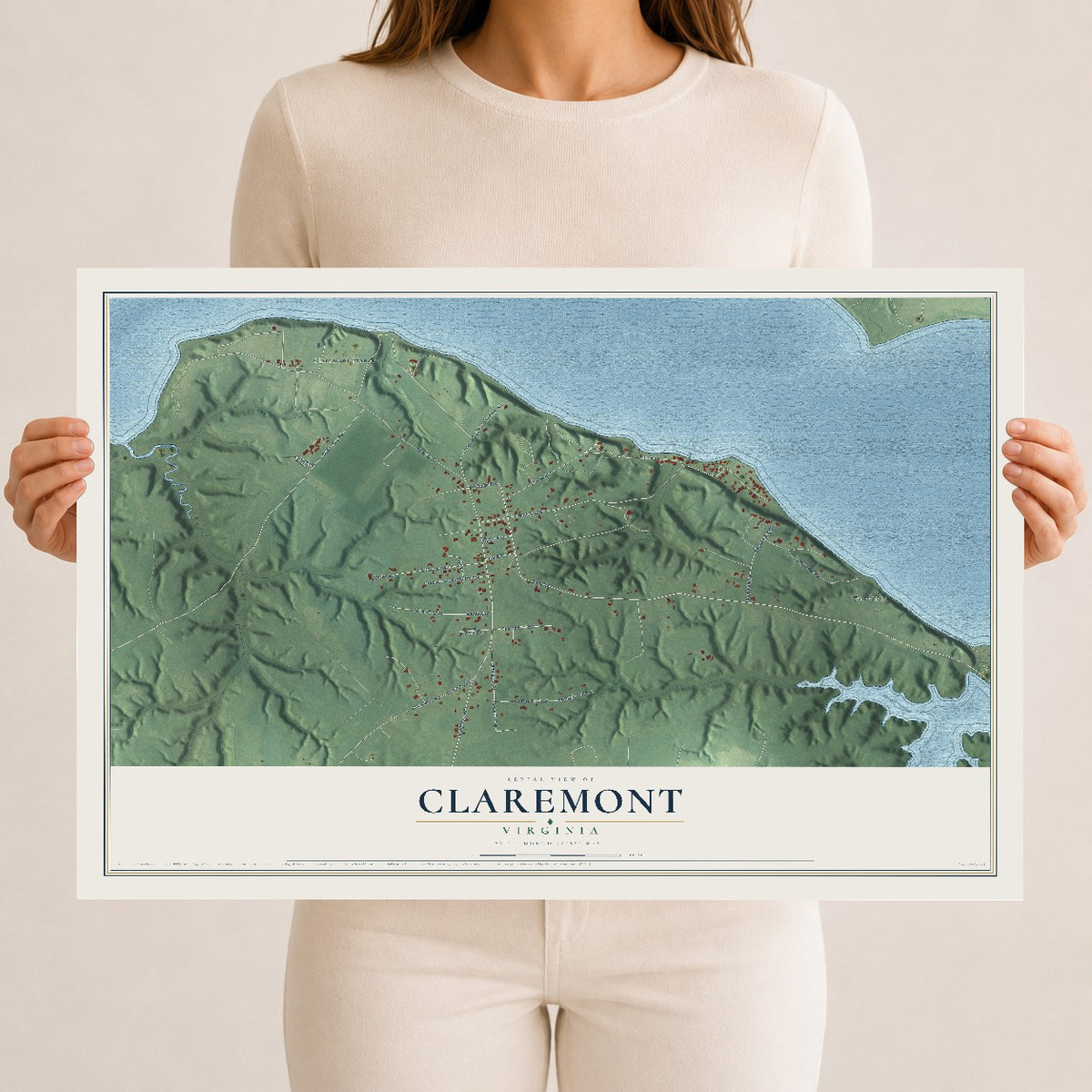 Map of Claremont, Virginia, 12 x 18 inch unframed archival matte print