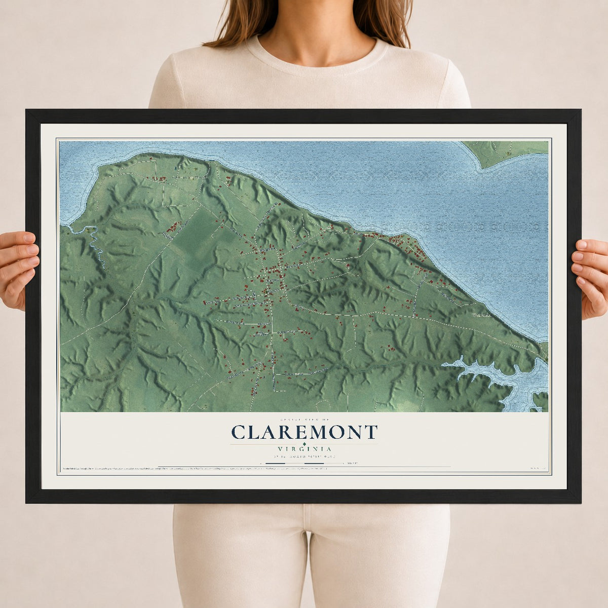Map of Claremont, Virginia, 18 x 24 inch print in a black wood frame