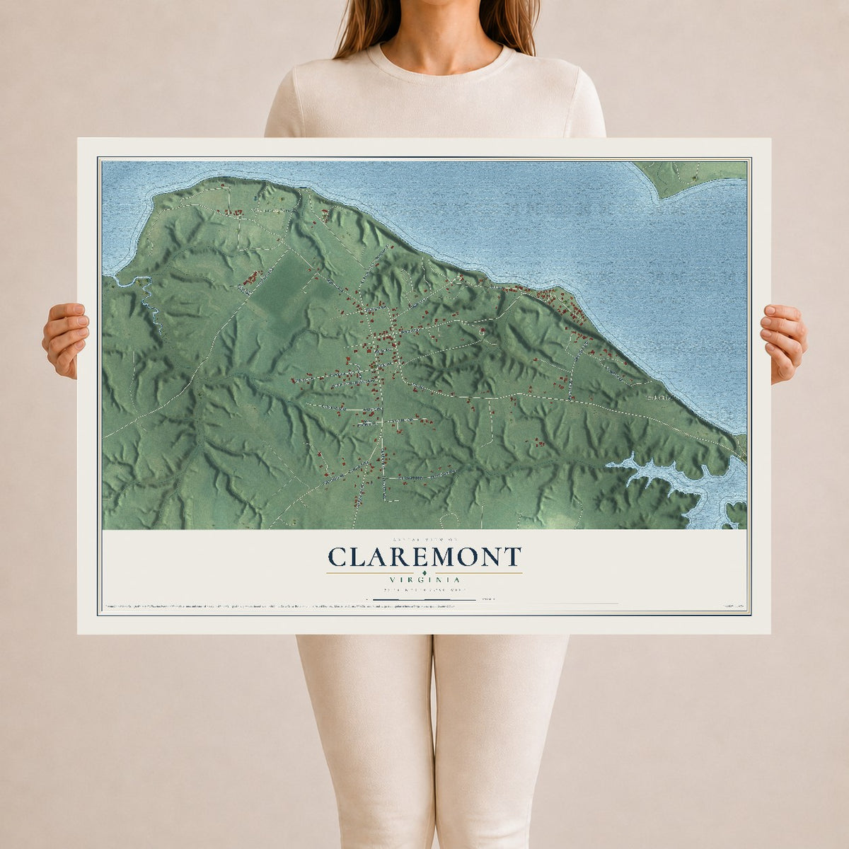 Map of Claremont, Virginia, 24 x 36 inch unframed archival matte print