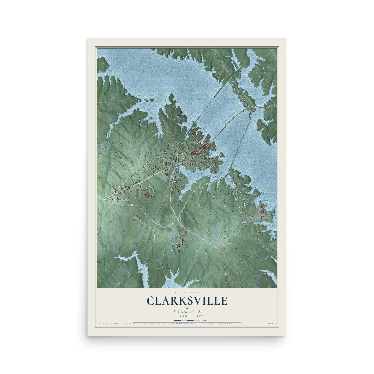 Map of Clarksville, Virginia, 12 x 18 inch unframed archival matte print
