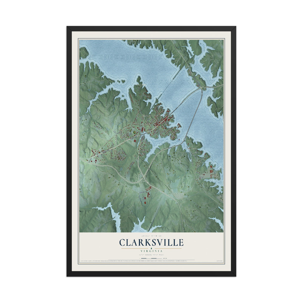 Map of Clarksville, Virginia, 12 x 18 inch print in a black wood frame